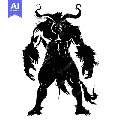 Aset desain premium: Silhouette of a Muscular Bull-Like Creature with Horns and a Tail