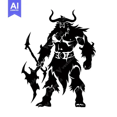 Aset desain premium: A Black and White Silhouette of a Minotaur Holding a Spiked Weapon