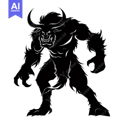Aset desain premium: Black Silhouette of a Ferocious Minotaur with Horns and Claws