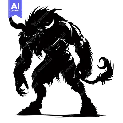 Aset desain premium: A Silhouetted Monster with Horns, Fur, and a Tail