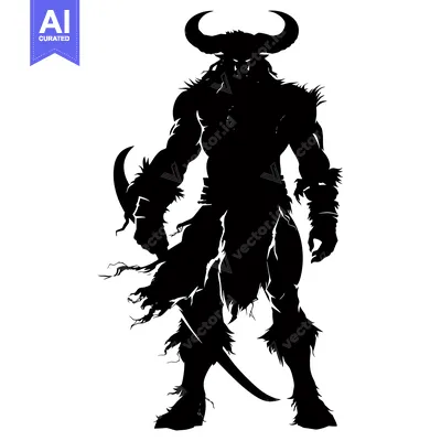 Popular premium asset: Black and White Silhouette of a Bull-Like Demon with Horns and Sword