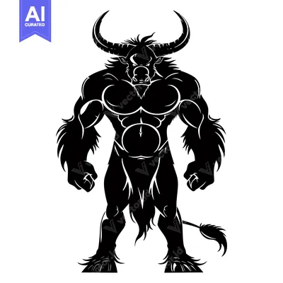 Aset desain premium: A Muscular, Black Silhouetted Minotaur With Large Curved Horns