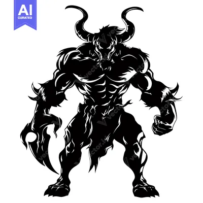 Popular premium asset: A Black and White Silhouette of a Muscular Bull-Like Demon with Horns