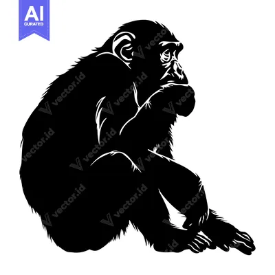 Popular premium asset: Black and White Silhouette of a Chimpanzee Sitting with its Hand to it