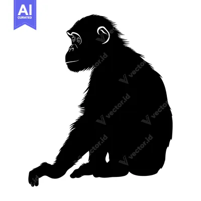 Aset desain premium: Black and White Silhouette of a Sitting Chimpanzee