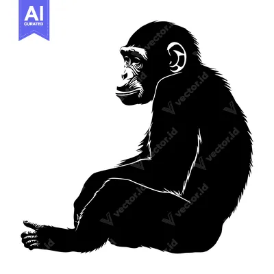 Aset desain premium: Black and White Silhouette of a Sitting Chimpanzee