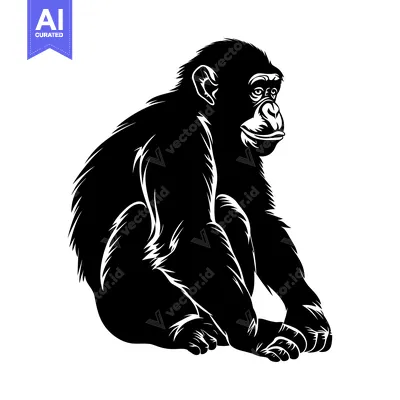Aset premium populer: Black and White Illustration of a Sitting Chimpanzee