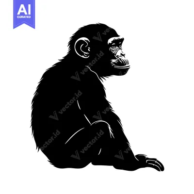 Aset desain premium: Black and White Silhouette of a Sitting Chimpanzee