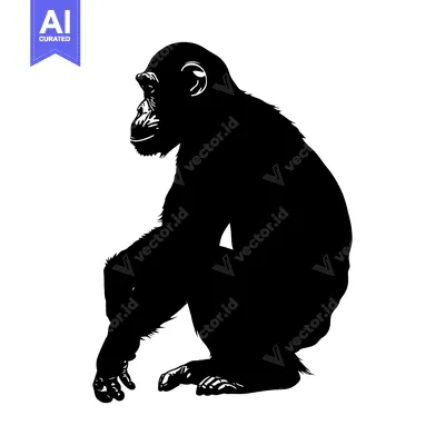 Aset desain premium: Black and White Silhouette of a Chimpanzee Sitting Down
