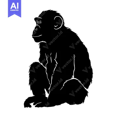 Aset desain premium: Black and White Silhouette of a Sitting Chimpanzee