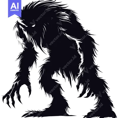 Aset desain premium: Black and White Silhouette of a Furry Monster with Claws