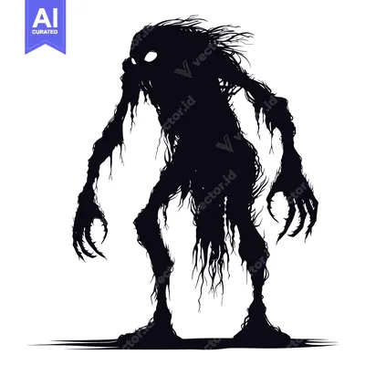 Aset desain premium: Silhouette of a Horrifying Monster with Claws and a Glowing Eye