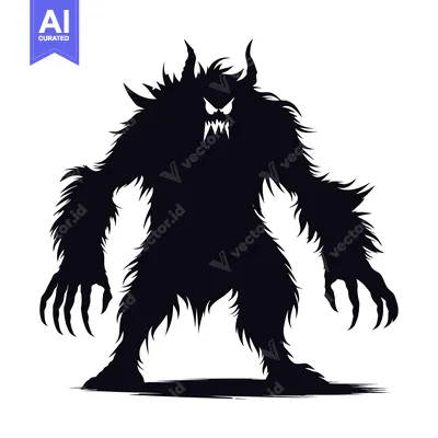 Aset desain premium: Silhouette of a Ferocious Furry Monster with Horns and Claws