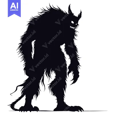 Aset desain premium: Silhouetted Furry Monster with Horns and Claws