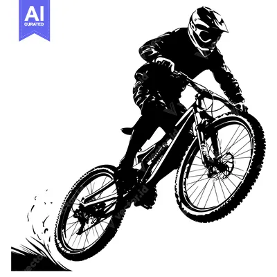 Premium design asset: Silhouette of a Mountain Biker in mid-air, jumping over a dirt trail.