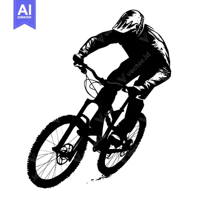 Aset desain premium: Silhouette of a Mountain Biker Riding Downhill