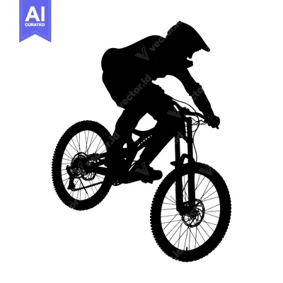 Aset desain premium: Silhouette of a Mountain Biker in mid-air, riding a bike with a white
