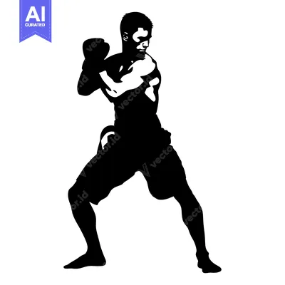 Aset desain premium: Black and White Silhouette of a Boxer in a Fighting Stance