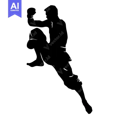Aset desain premium: Silhouette of a Man in a Boxing Stance, Executing a Powerful Kick