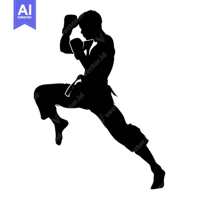 Aset premium populer: Silhouette of a Male Boxer in mid-punch, with right leg raised