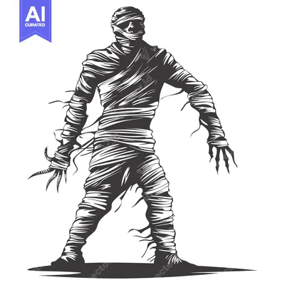 A Monochrome Illustration of a Mummy Standing with Arms Outstretched