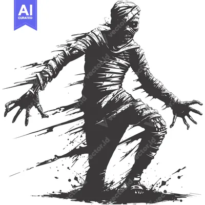 Aset desain premium: A Black and White Illustration of a Mummy in Motion