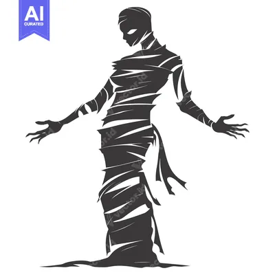Aset desain premium: A stylized silhouette of a mummy with outstretched arms