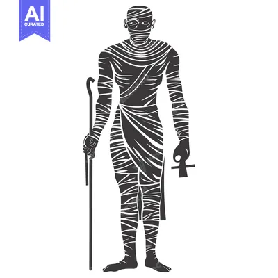 Aset premium populer: A Black and White Illustration of a Mummy Holding a Staff and an Ankh