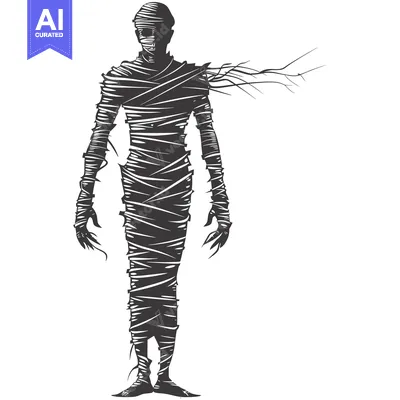 Aset premium populer: A Black and White Illustration of a Mummy with Bandages and Long, Shar