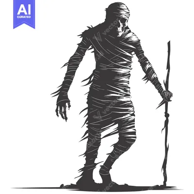 Premium design asset: A Silhouetted Mummy Figure Holding a Staff