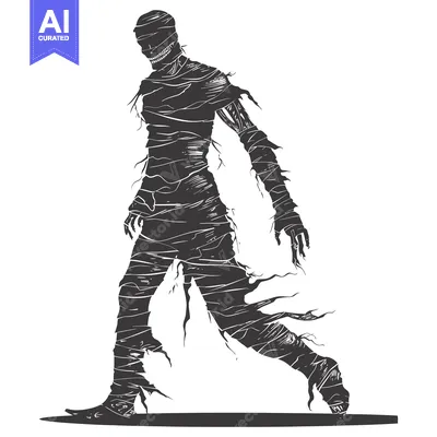 A black and white illustration of a walking mummy with a sinister smil