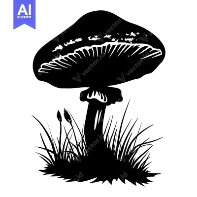 Black and White Silhouette of a Mushroom Growing in Grass