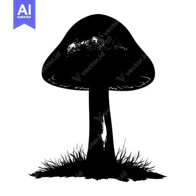 Black and White Silhouette of a Mushroom with Grass