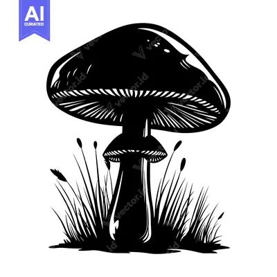 Black and White Illustration of a Mushroom in Grass