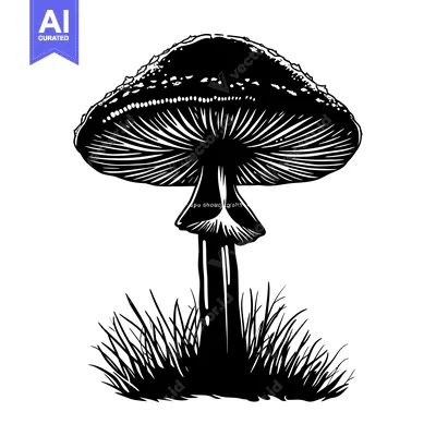 Aset desain premium: A Black and White Illustration of a Single Mushroom in the Grass