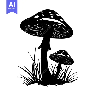 Black and White Silhouette of Two Mushrooms in Grass