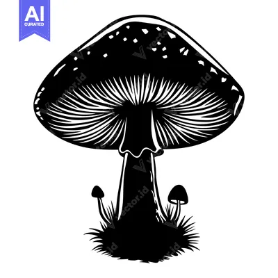 Aset desain premium: Black and White Illustration of a Mushroom with Small Mushrooms