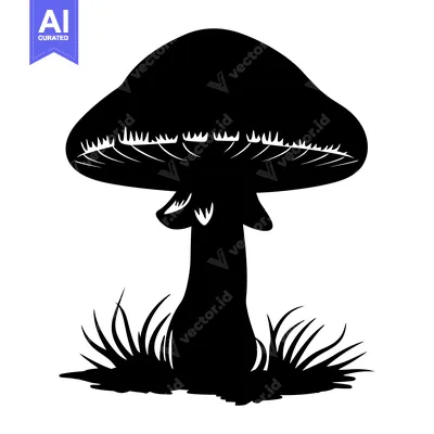 Black and White Silhouette of a Mushroom in Grass