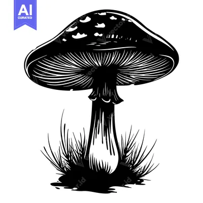 Black and White Illustration of a Single Mushroom with Grass