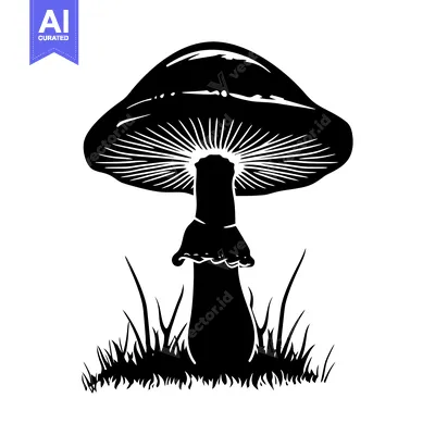 Black and White Silhouette of a Mushroom in Grass