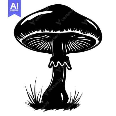 Aset premium populer: Black and White Silhouette of a Single Mushroom with Grass