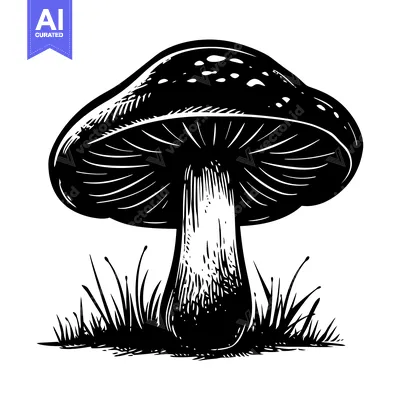 Black and White Illustration of a Single Mushroom with Grass