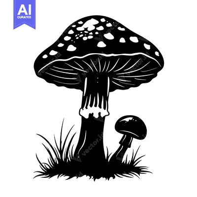 Aset premium populer: Black and White Illustration of Two Mushrooms in Grass