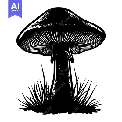 Black and White Silhouetted Mushroom with Grass