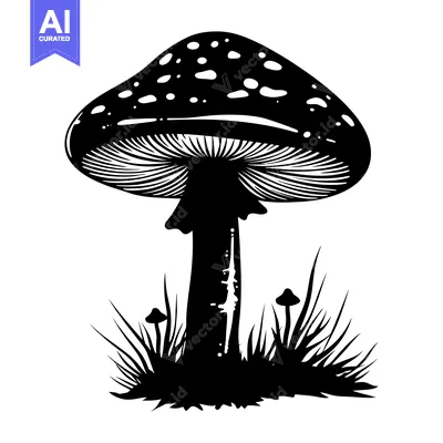 Black and White Illustration of a Toadstool Mushroom in Grass
