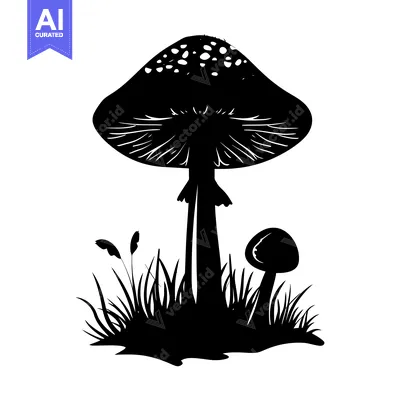 Black and White Silhouette of Two Mushrooms in Grass