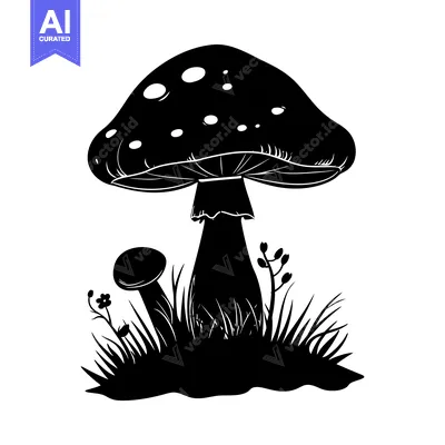 Black and White Silhouette of a Mushroom Growing in Grass