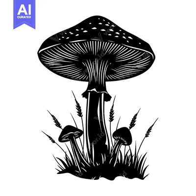 Aset desain premium: Black and White Illustration of a Single Large Mushroom with Two Small