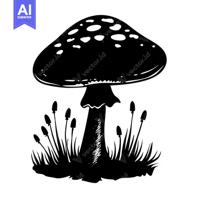 Black and White Silhouette of a Mushroom with Grass and Smaller Mushro