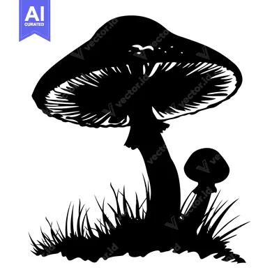 Silhouette of Two Mushrooms Growing in Grass